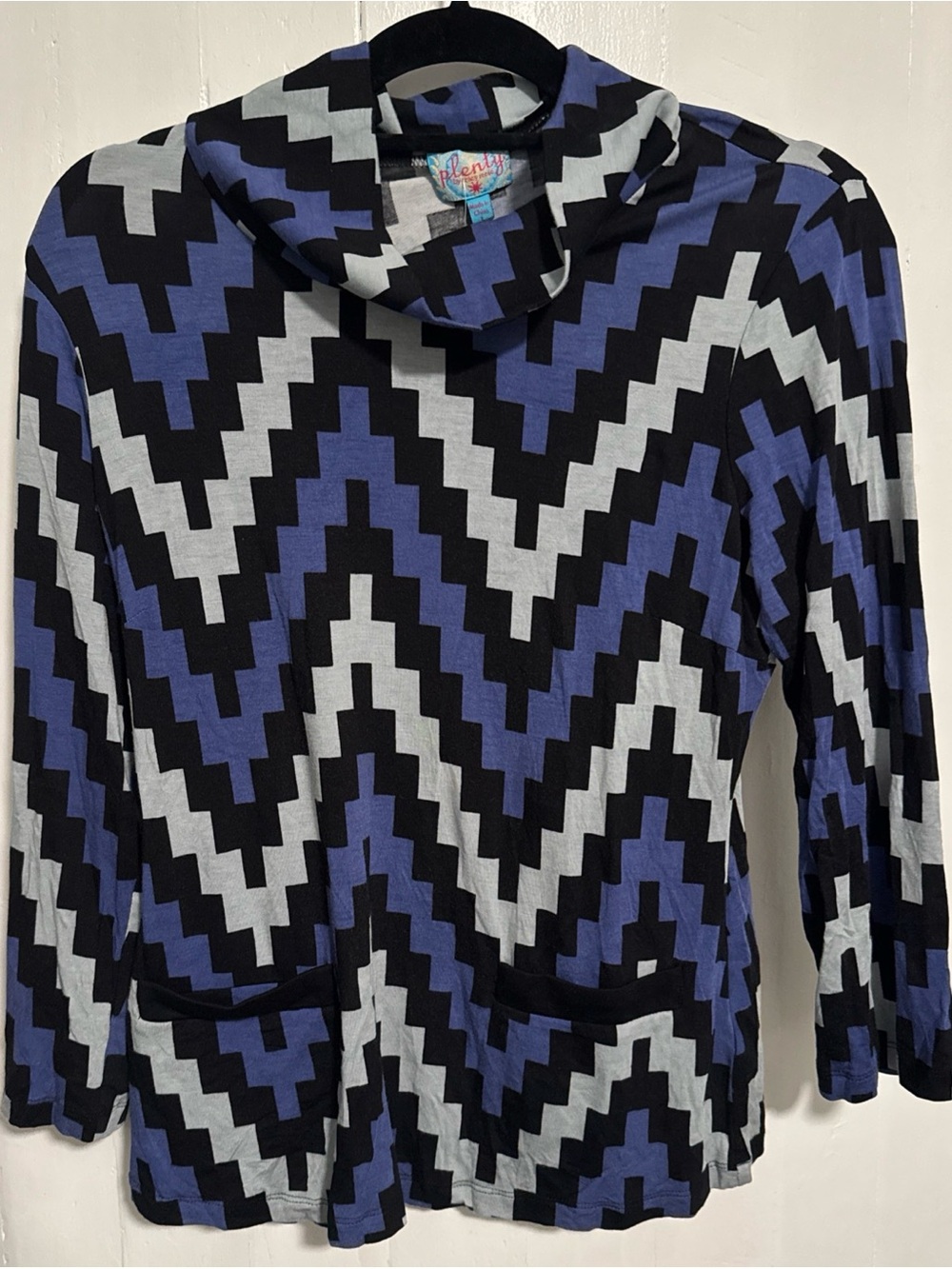 Plenty Tracy Reese Bold Chevron Blue & Black Women’s Sweater with Cowl Neck